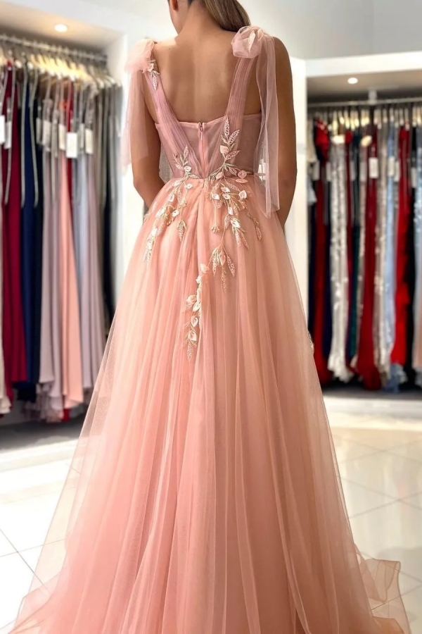 Chicloth Sweetheart Tulle Long Prom Dress Front Slit With Appliques