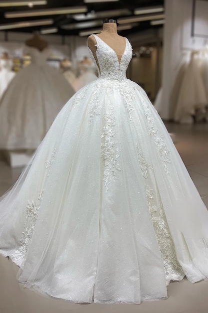 Chicloth Unique Straps V-neck White Wedding Dresses A-line Tulle Ruffles Bridal Gowns With Appliques On Sale