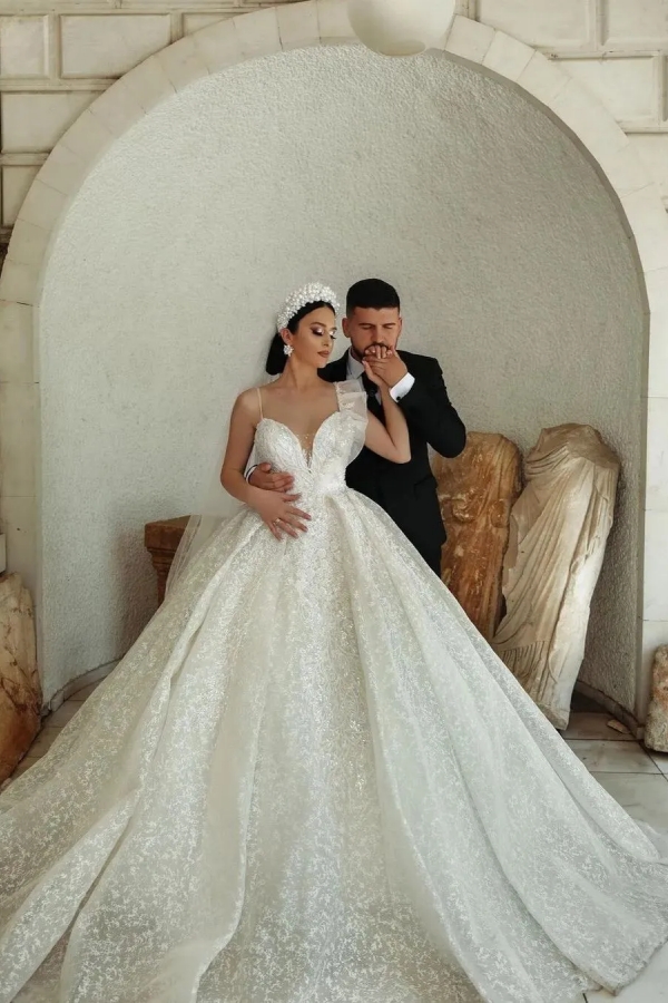 Chicloth V-Neck Sleeveless Prince Wedding Dress Ball Gown With Glitter Lace 