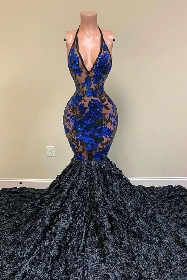 Chicloth V-Neck Sleeveless Prom Dress Mermaid With Flowers Bottom