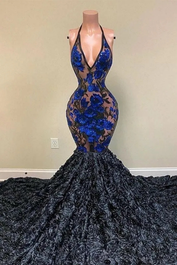 Chicloth V-Neck Sleeveless Prom Dress Mermaid With Flowers Bottom