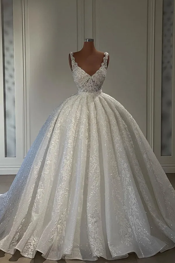 Chicloth V-Neck Sleeveless Wedding Dress Ball Gown With Lace Appliques