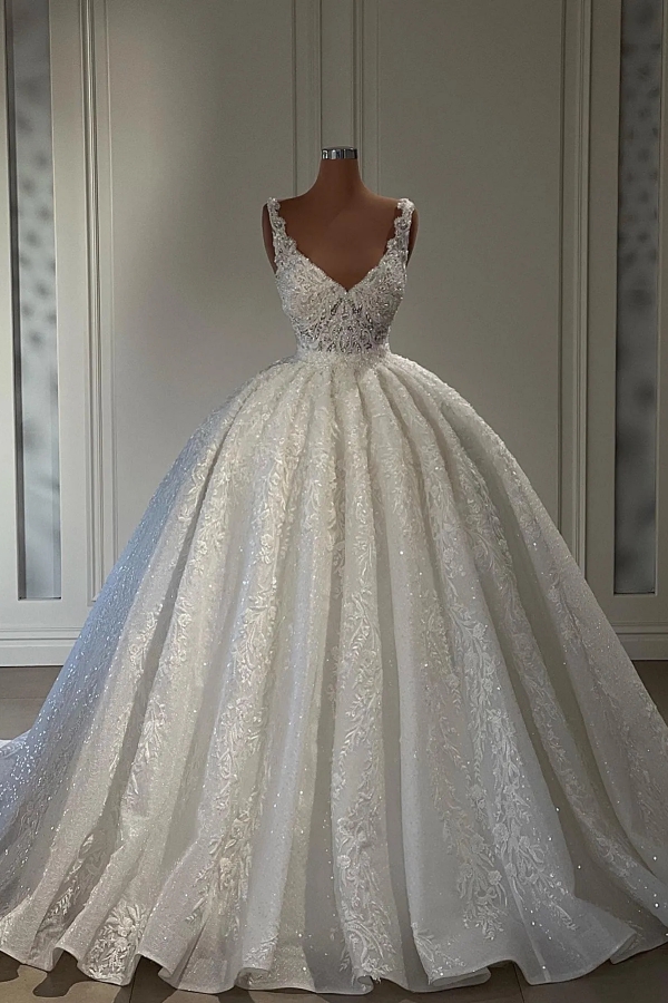 Chicloth V-Neck Sleeveless Wedding Dress Ball Gown With Lace Appliques