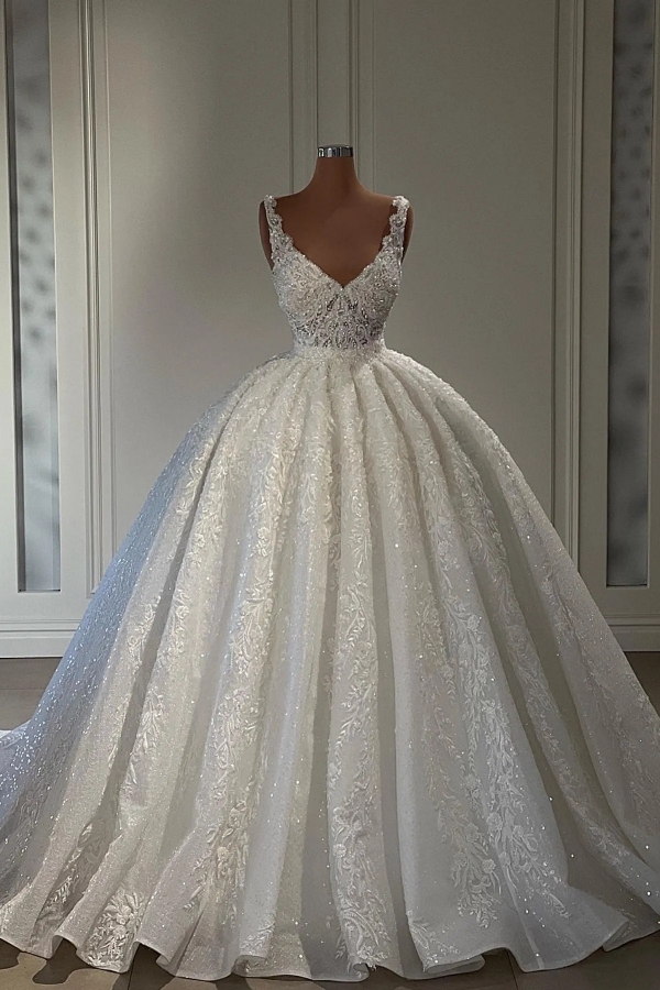 Chicloth V-Neck Sleeveless Wedding Dress Ball Gown With Lace Appliques