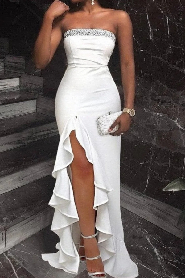 Chicloth White Strapless Prom Dress Mermaid Front Split