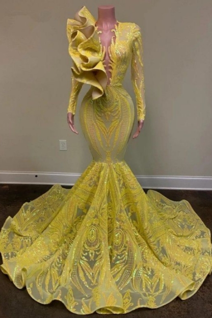 Chicloth Yellow Long Sleeves Mermaid Prom Dress with Sequins