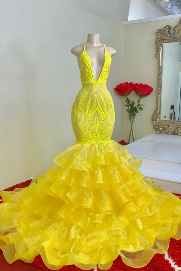 Chicloth Yellow Mermaid Prom Dress Sleeveless Lace V-Neck With Ruffle