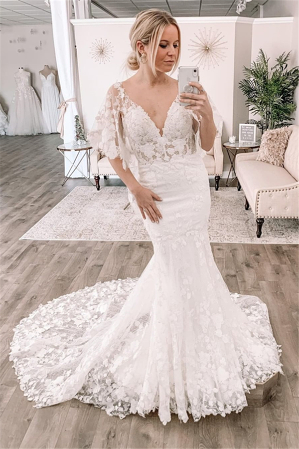 Cold Shoulder Lace Mermaid Wedding Dress with Train