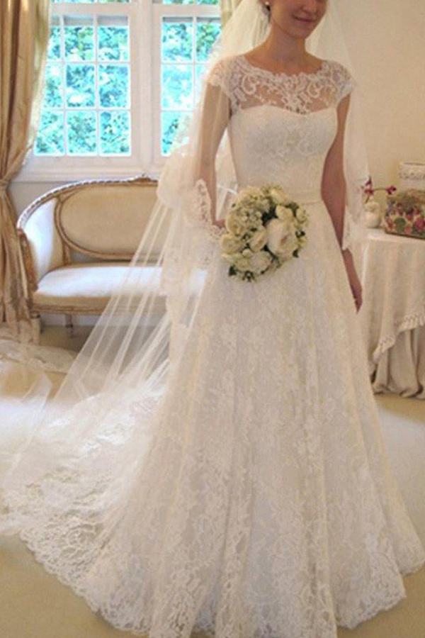Court Train Applique A-Line Short Sleeve Square Lace Ribbon Wedding Dress