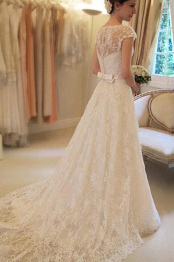 Court Train Applique A-Line Short Sleeve Square Lace Ribbon Wedding Dress