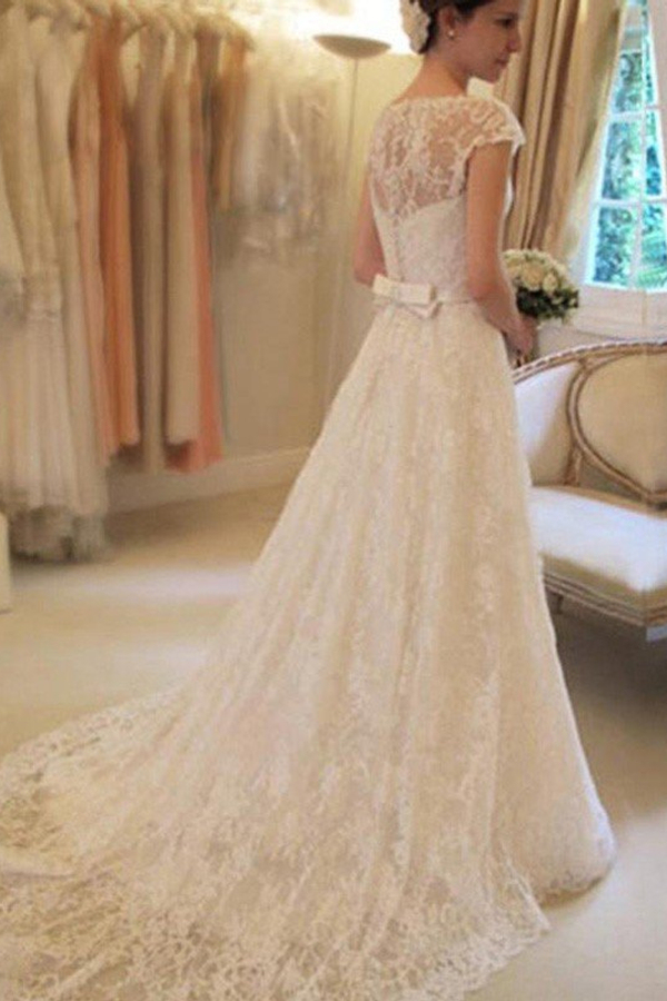 Court Train Applique A-Line Short Sleeve Square Lace Ribbon Wedding Dress