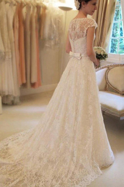 Court Train Applique A-Line Short Sleeve Square Lace Ribbon Wedding Dress