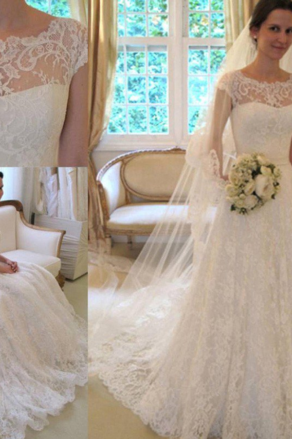 Court Train Applique A-Line Short Sleeve Square Lace Ribbon Wedding Dress