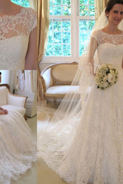 Court Train Applique A-Line Short Sleeve Square Lace Ribbon Wedding Dress