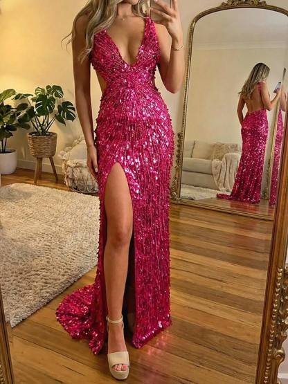 Elegant Prom Dresses With Sequin Details | Prom Dresses Mermaid V-Neck Backless