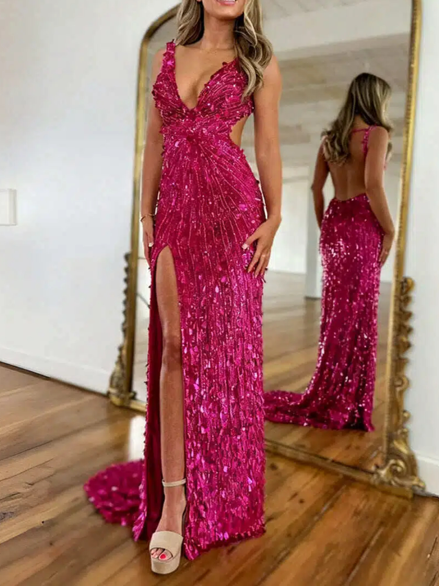 Elegant Prom Dresses With Sequin Details | Prom Dresses Mermaid V-Neck Backless