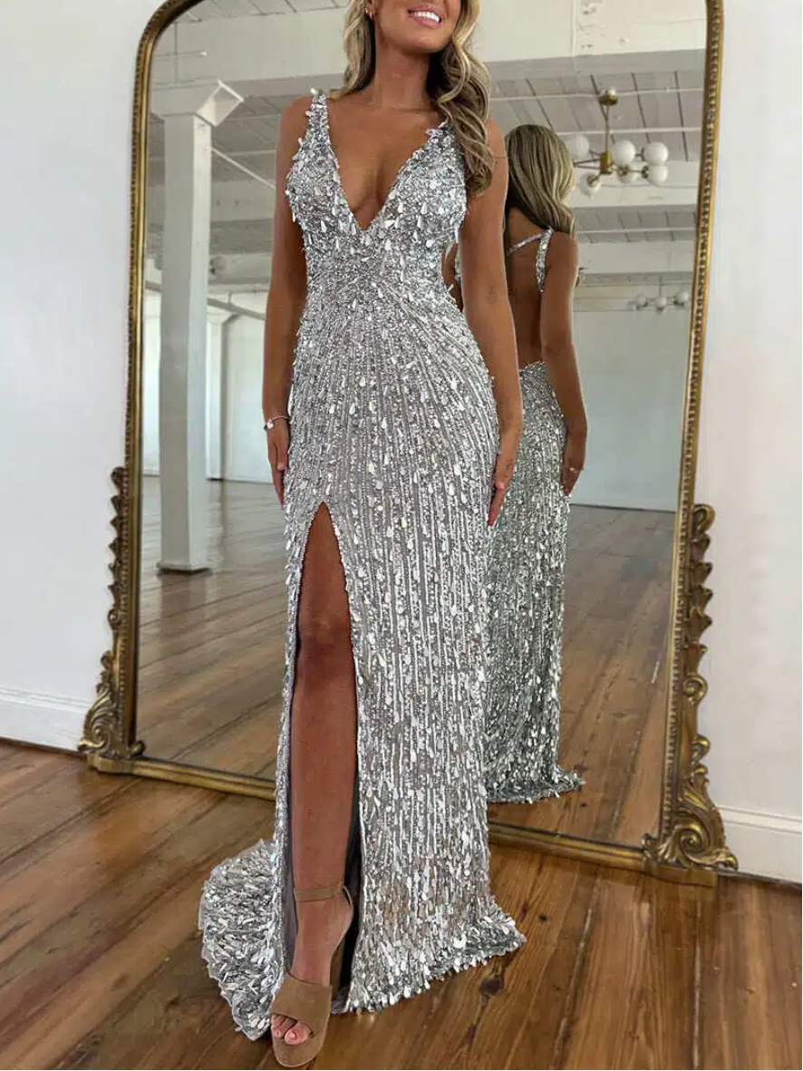 Elegant Prom Dresses With Sequin Details | Prom Dresses Mermaid V-Neck Backless