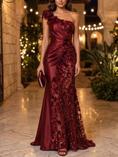 Burgundy One‑Shoulder Floral Mesh Mermaid Evening Gown