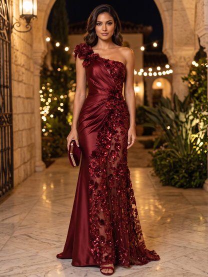 Burgundy One‑Shoulder Floral Mesh Mermaid Evening Gown