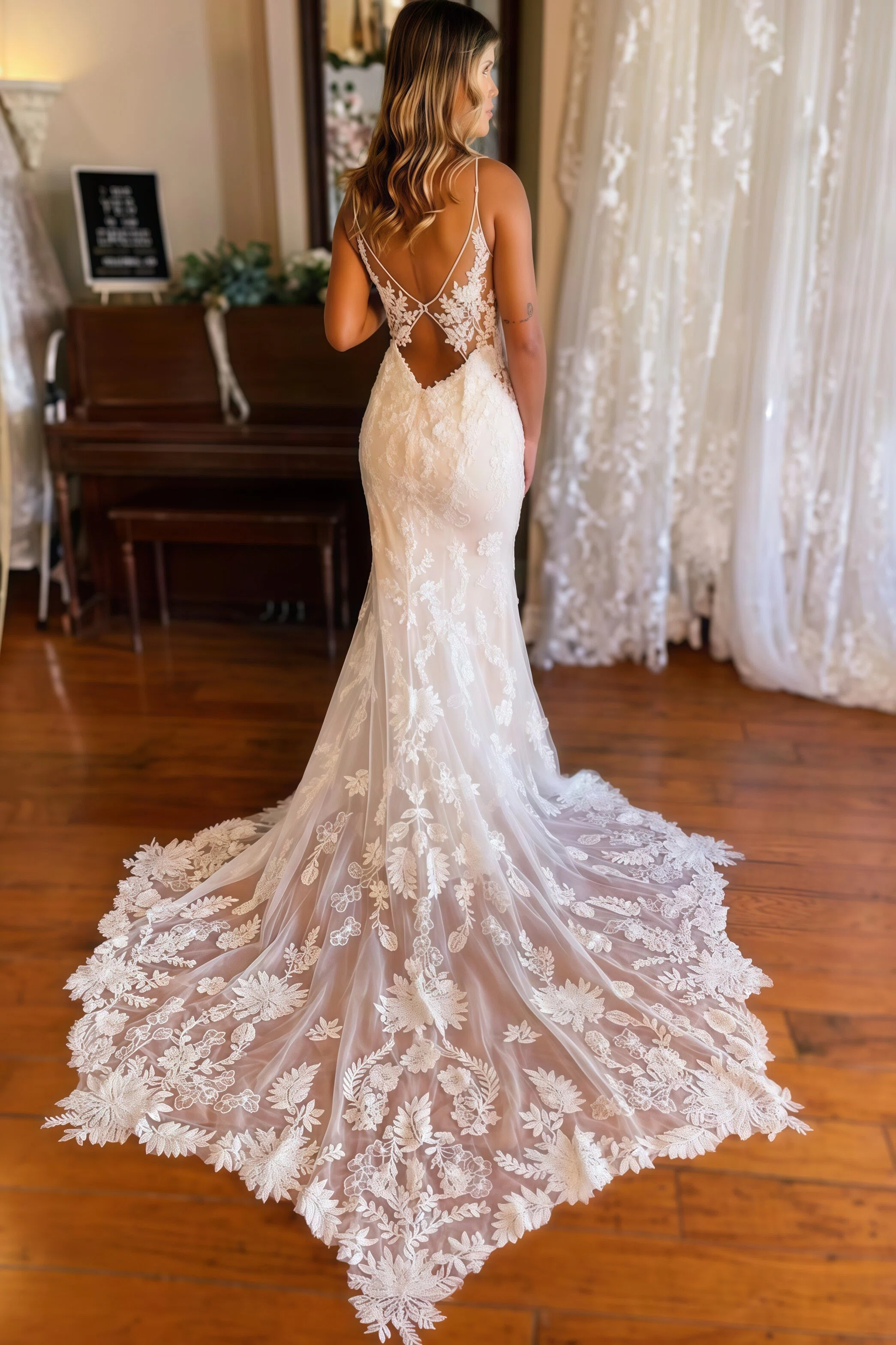 Elegant Sleeveless Floral Mermaid Bridal Gown V-neck Wedding Dress