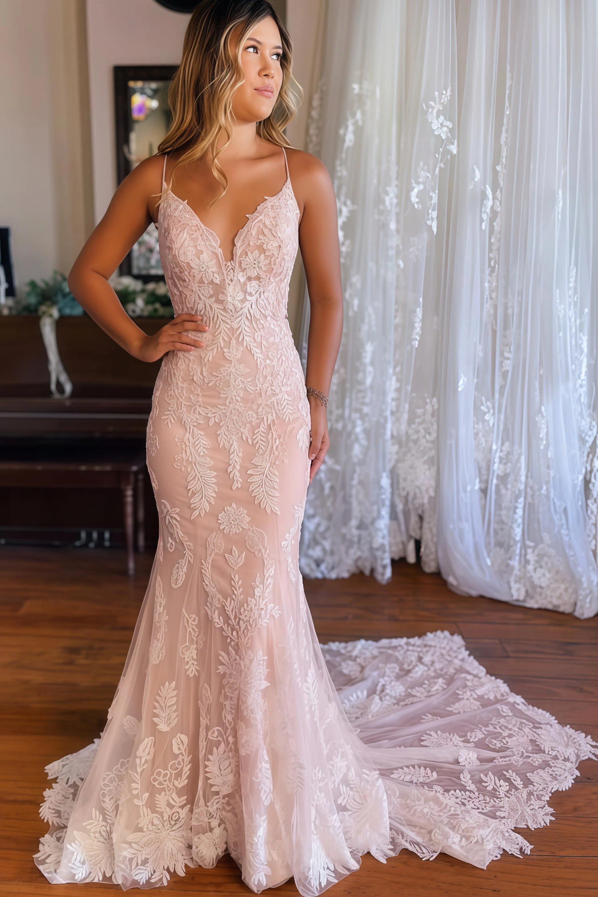 Elegant Sleeveless Floral Mermaid Bridal Gown V-neck Wedding Dress