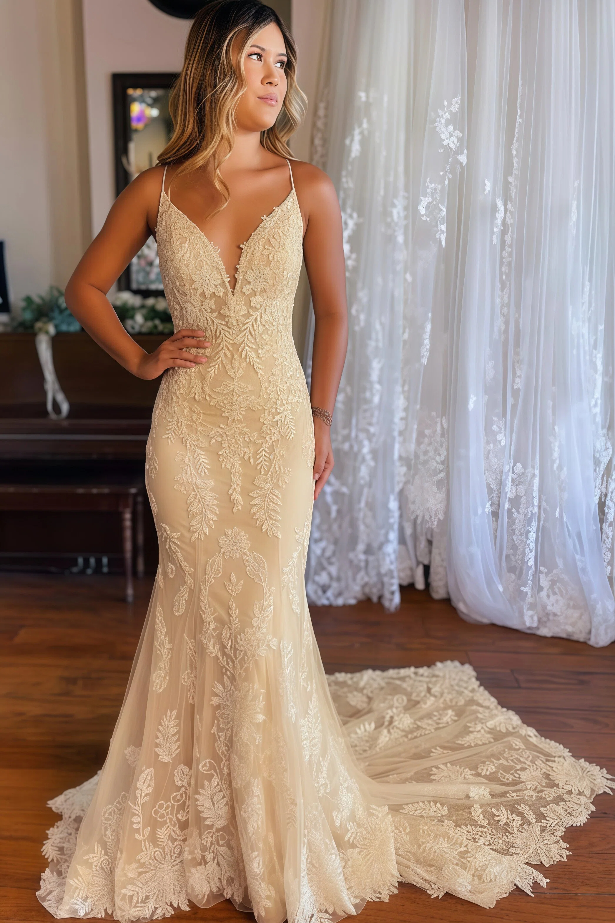 Elegant Sleeveless Floral Mermaid Bridal Gown V-neck Wedding Dress