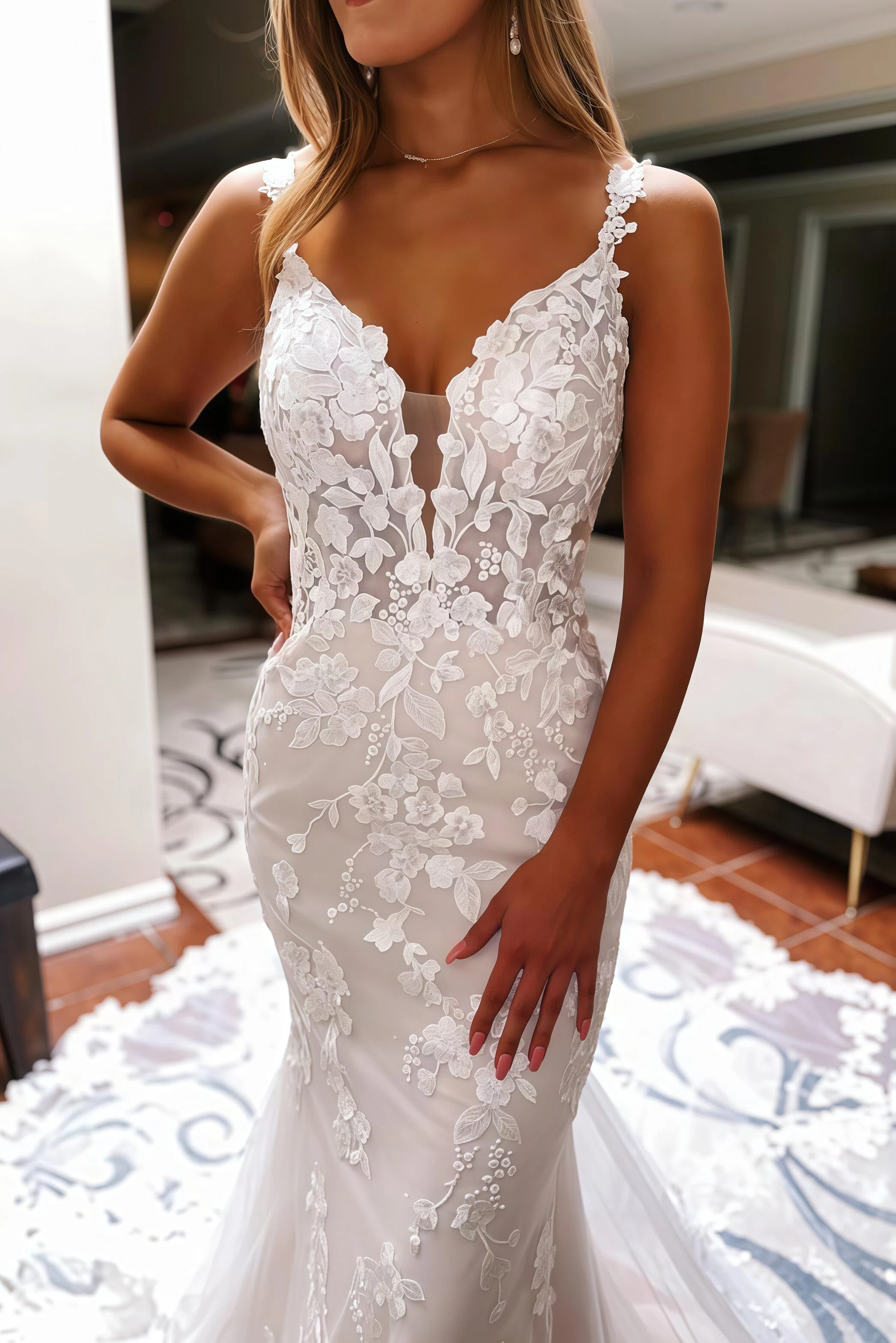 Mermaid Wedding Dress White Tulle Lace Appliques Bridal Gown