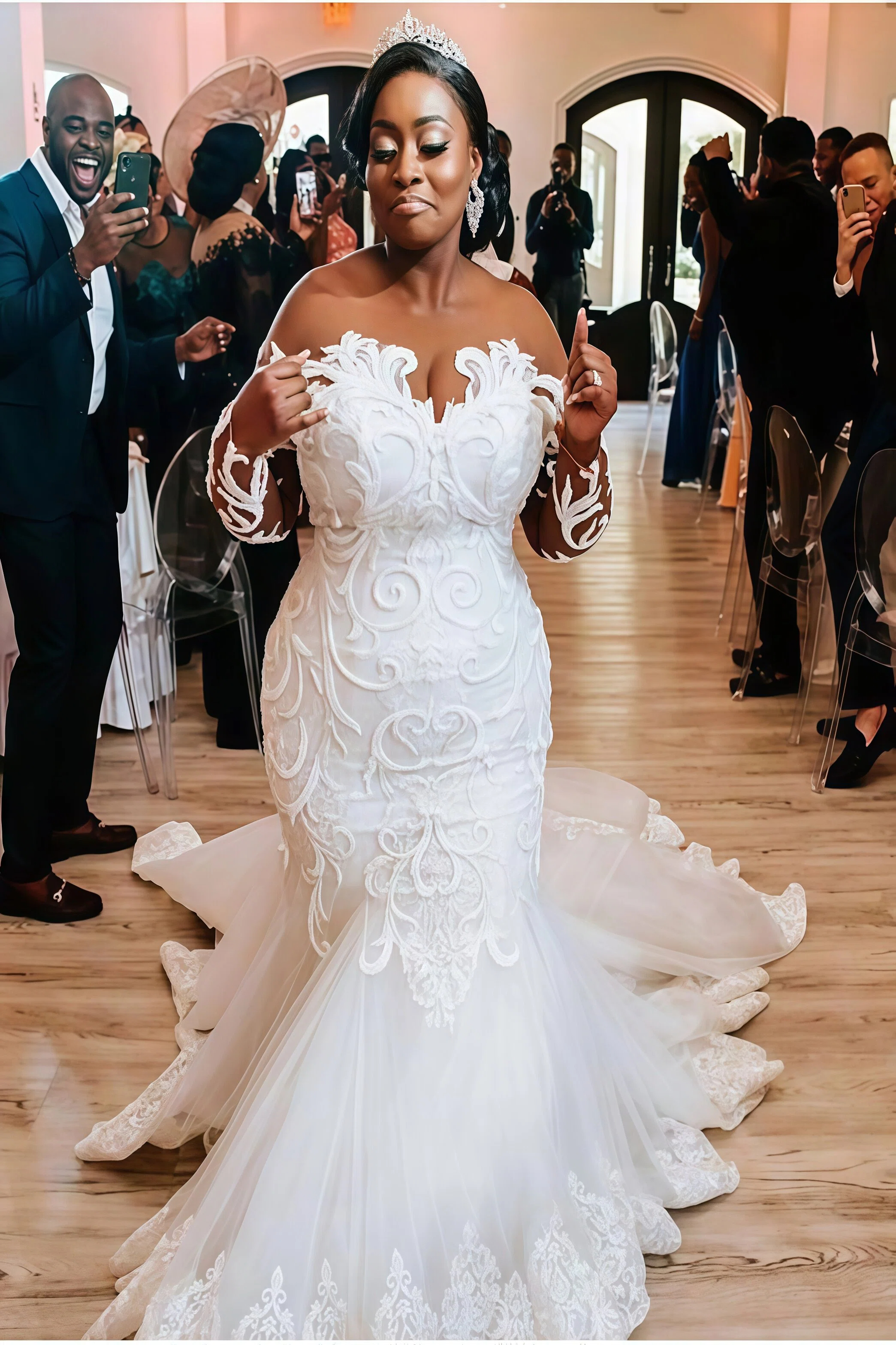 Charming Mermaid V-Neck Appliques Lace Wedding Dress with Chapel Train