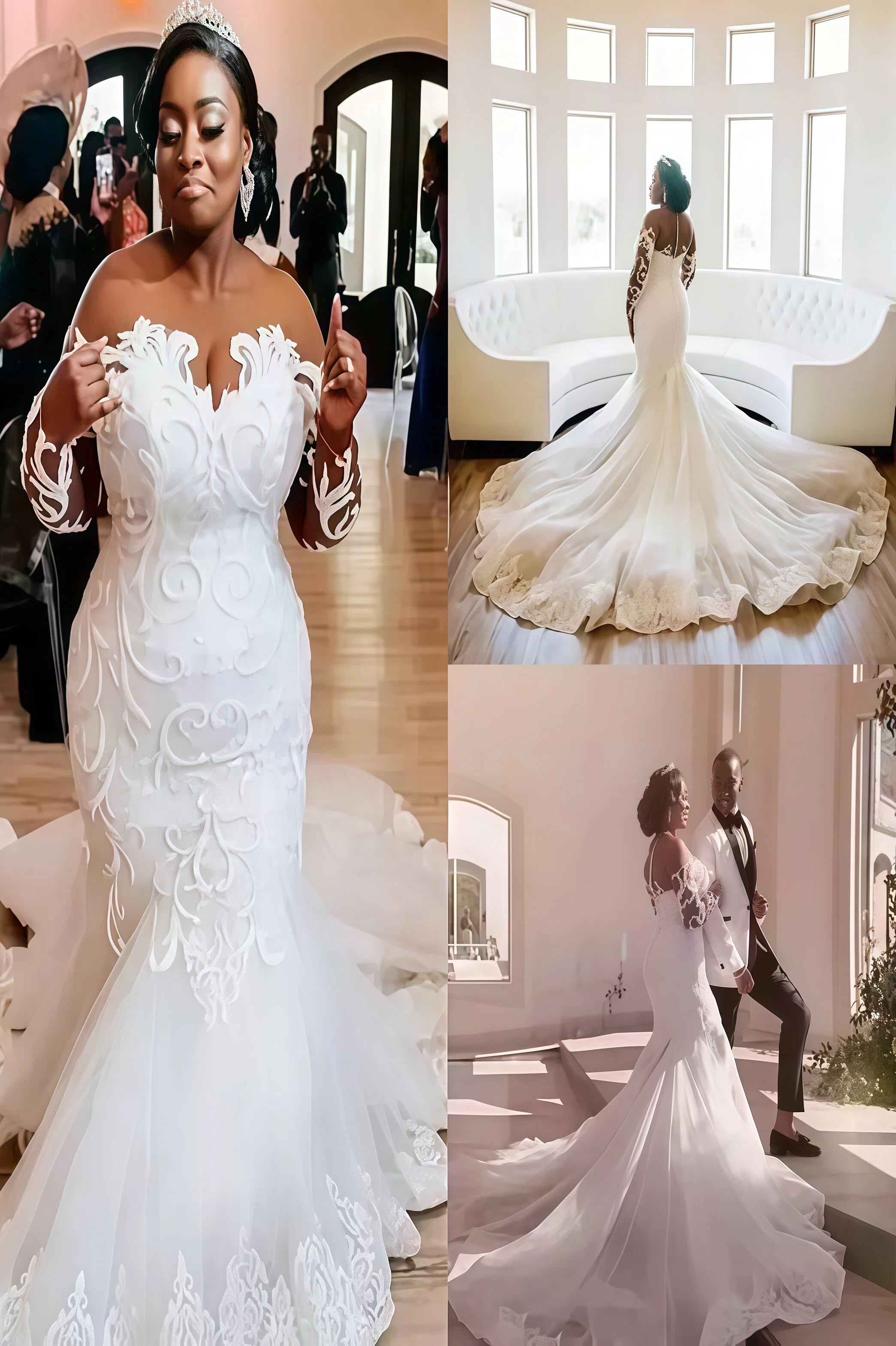 Charming Mermaid V-Neck Appliques Lace Wedding Dress with Chapel Train