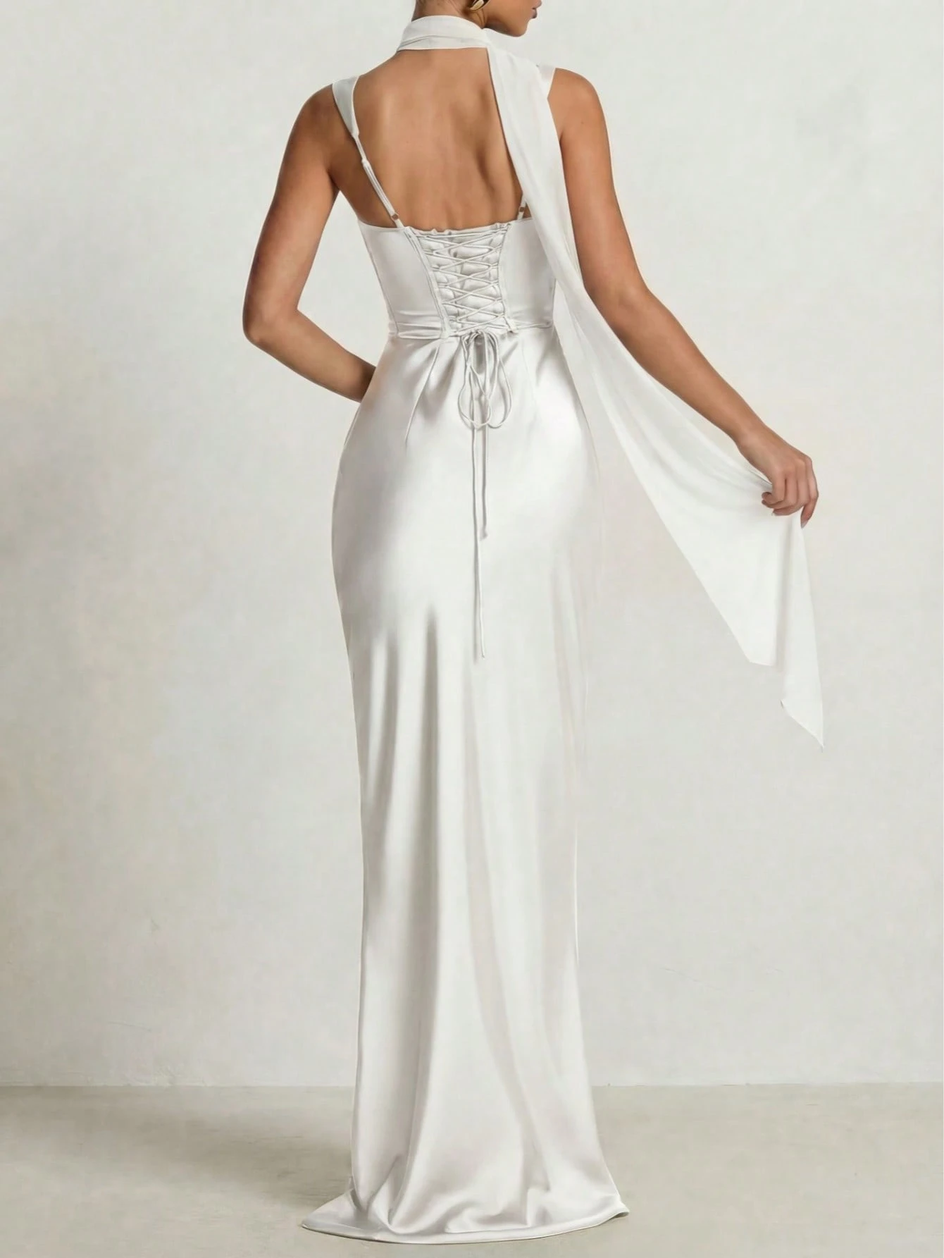 Solid‑Color Ribbon‑Strap Satin Long Evening Gown