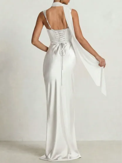 Solid‑Color Ribbon‑Strap Satin Long Evening Gown
