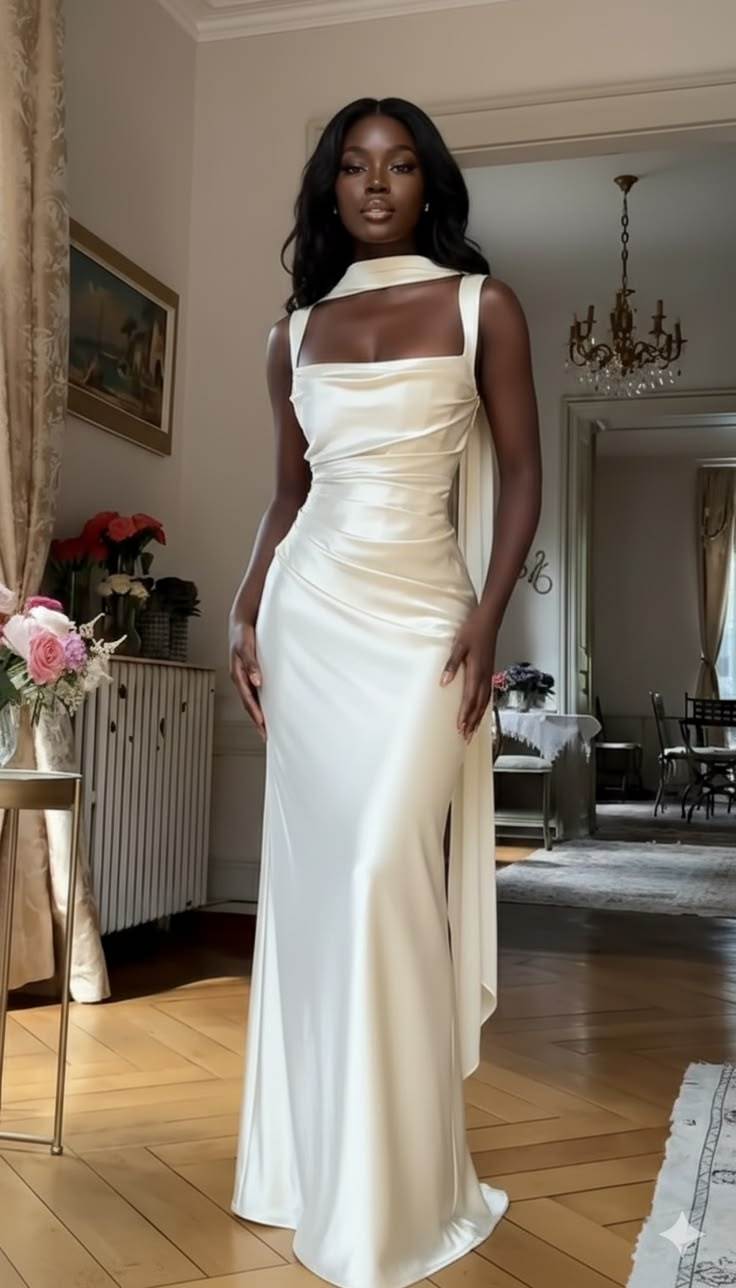 Solid‑Color Ribbon‑Strap Satin Long Evening Gown