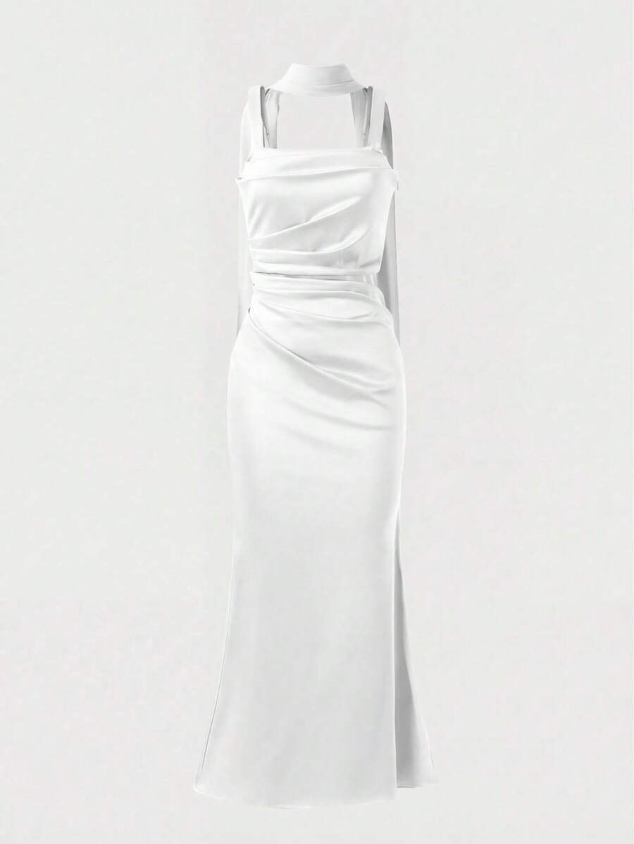 Solid‑Color Ribbon‑Strap Satin Long Evening Gown