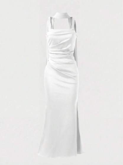 Solid‑Color Ribbon‑Strap Satin Long Evening Gown