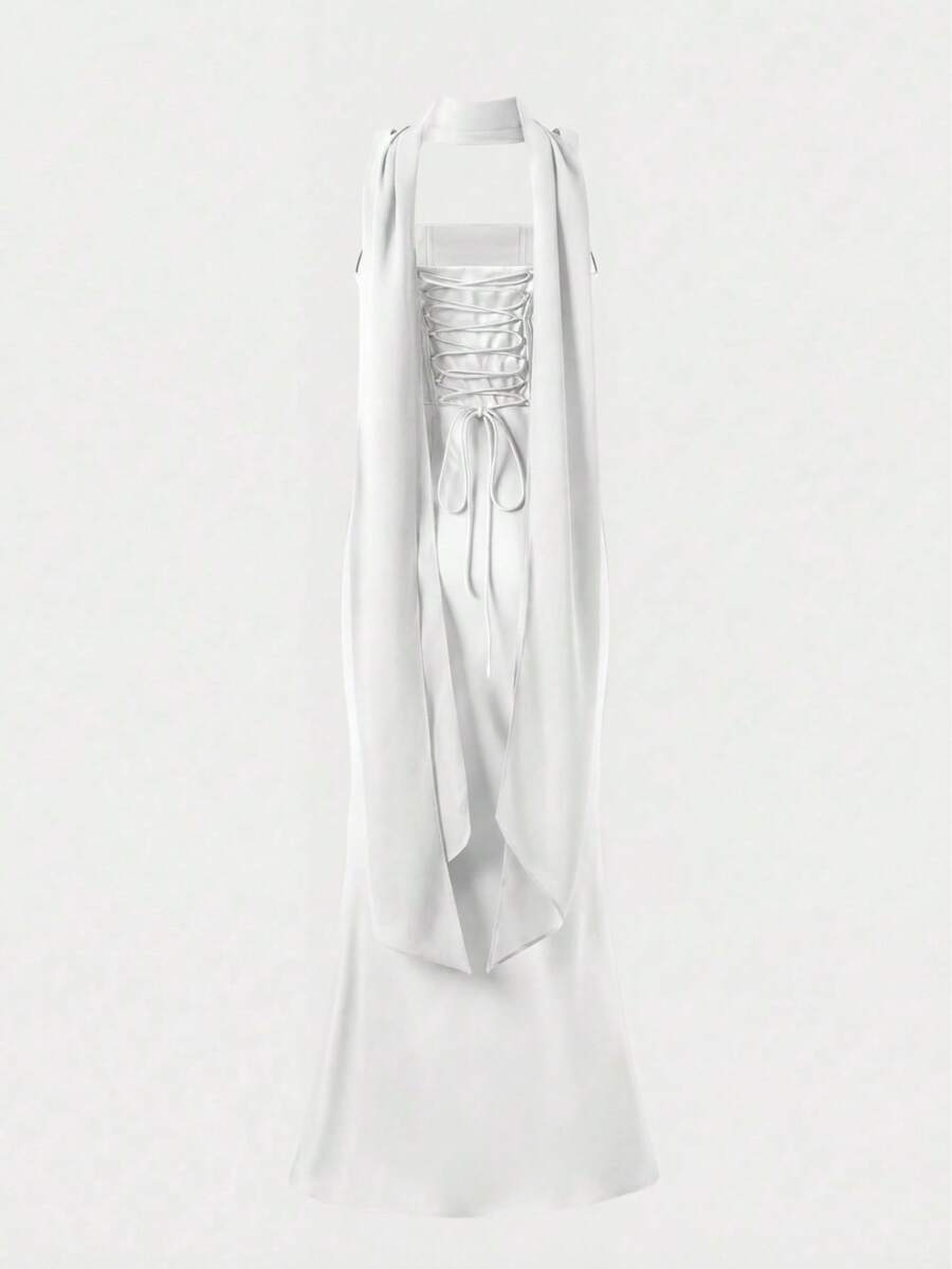 Solid‑Color Ribbon‑Strap Satin Long Evening Gown