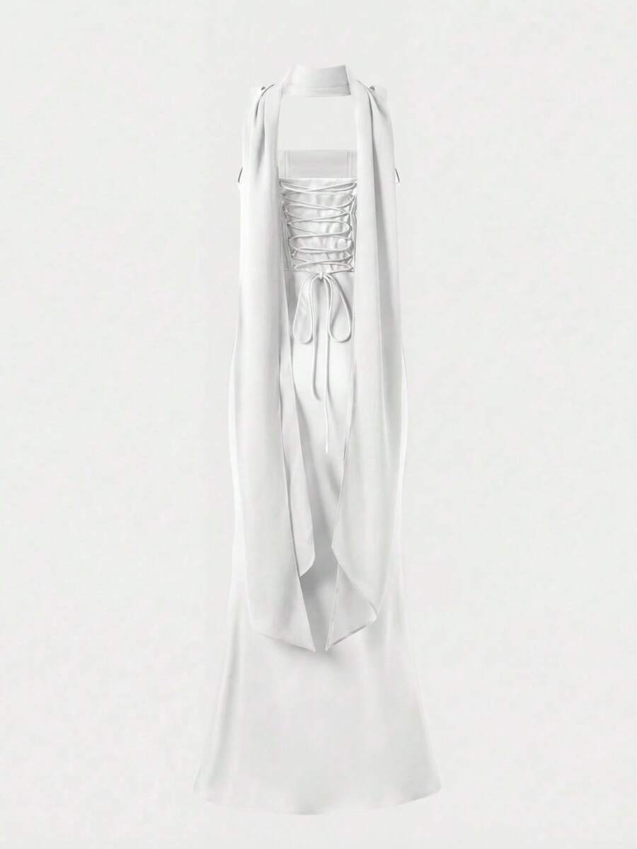 Solid‑Color Ribbon‑Strap Satin Long Evening Gown