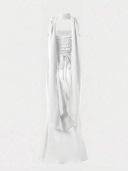 Solid‑Color Ribbon‑Strap Satin Long Evening Gown