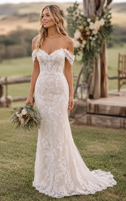 Ivory Off‑the‑Shoulder Lace Mermaid Wedding Dress With Chapel Train