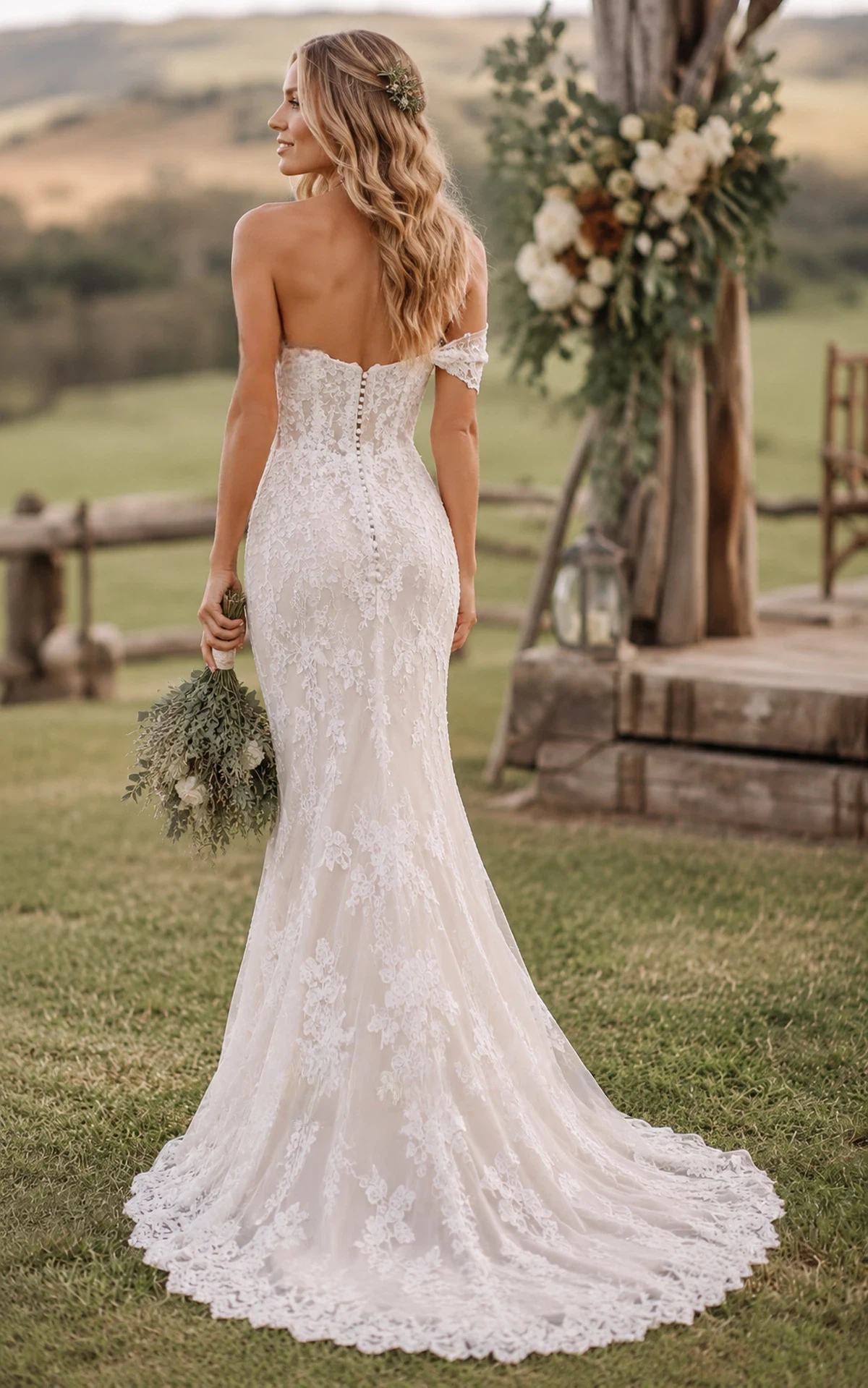 Ivory Off‑the‑Shoulder Lace Mermaid Wedding Dress With Chapel Train