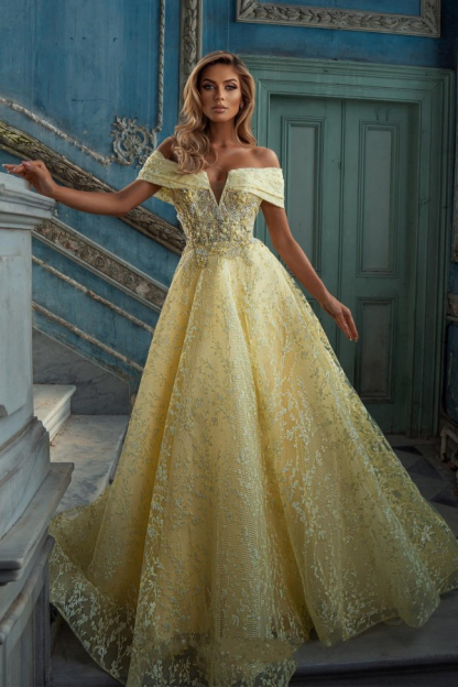 A-Line Off-the-Shoulder Daffodil Floor-Length Evening Dress｜V-Neck Card-Shoulder Ball Gown