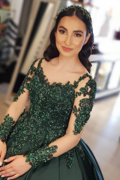 Dark Green 3D Floral Lace Appliqués Princess Wedding Gown with sleeves