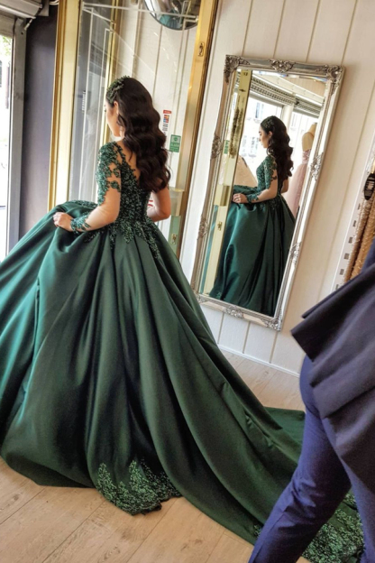 Dark Green 3D Floral Lace Appliqués Princess Wedding Gown with sleeves