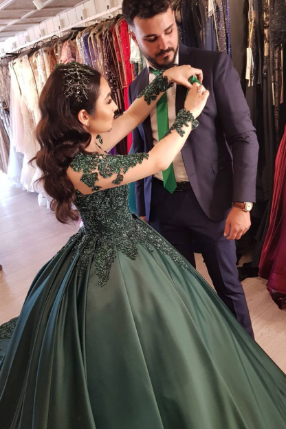 Dark Green 3D Floral Lace Appliqués Princess Wedding Gown with sleeves