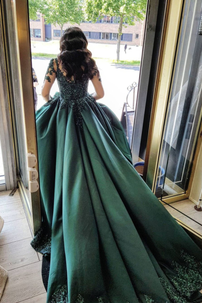 Dark Green 3D Floral Lace Appliqués Princess Wedding Gown with sleeves