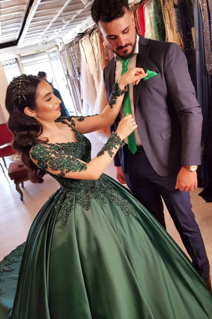 Dark Green 3D Floral Lace Appliqués Princess Wedding Gown with sleeves