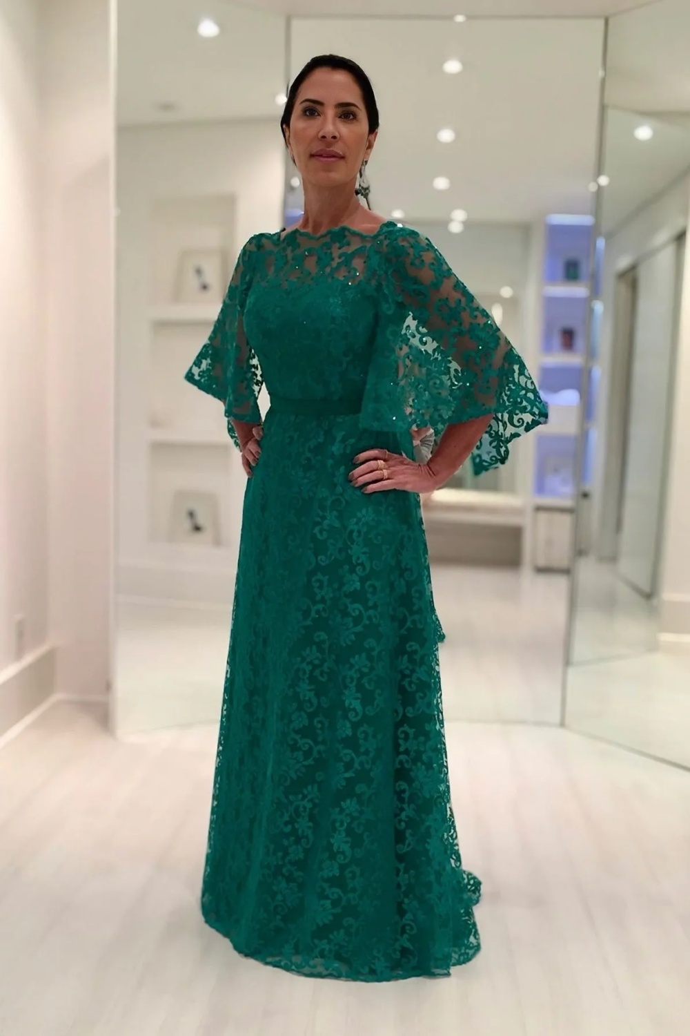 Dark Green Aline Lace Mother of the Bride Dress Long Sleeves Wedding Guest Dress