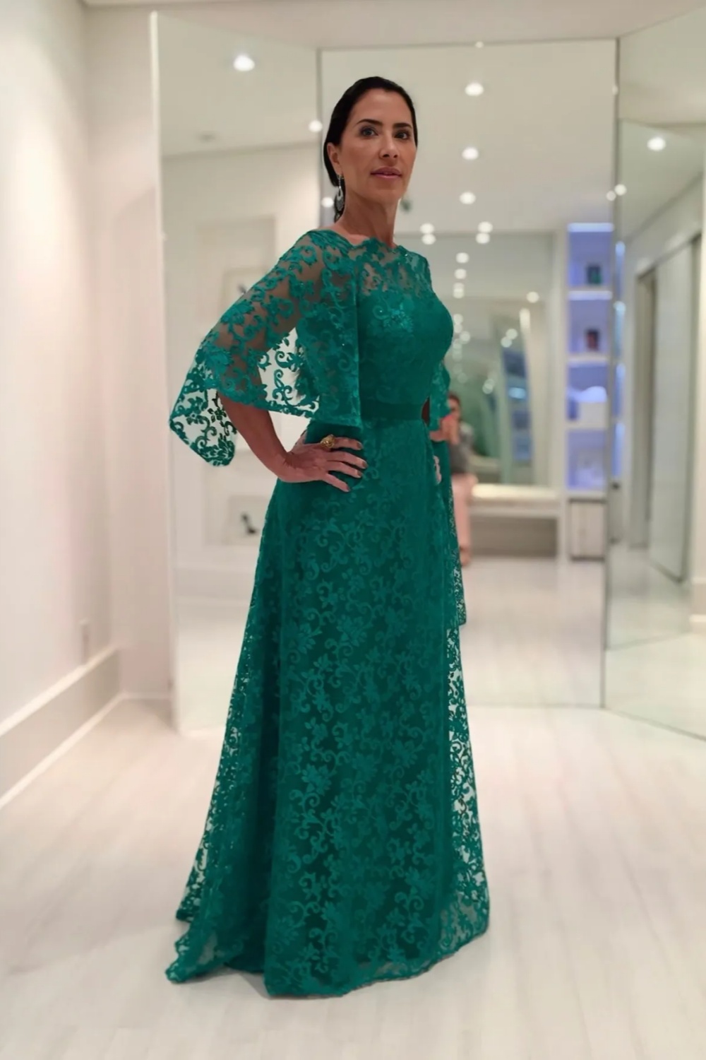 Dark Green Aline Lace Mother of the Bride Dress Long Sleeves Wedding Guest Dress