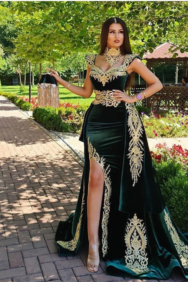 Dark Green Velvet Mermaid Evening Dress with Gold Lace Appliqués