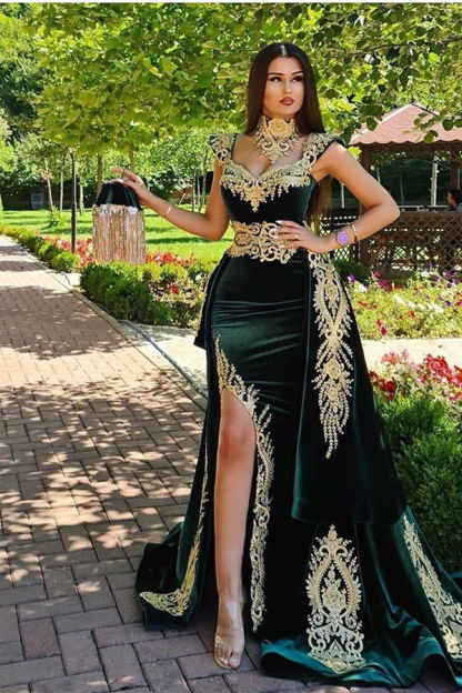 Dark Green Velvet Mermaid Evening Dress with Gold Lace Appliqués
