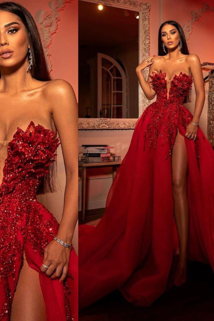 Dazzling 3D Floral A-Line Evening Prom Gown with Side Split
